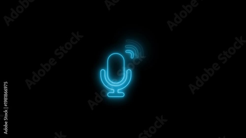 Neon microphone icon with sound waves animation on black background