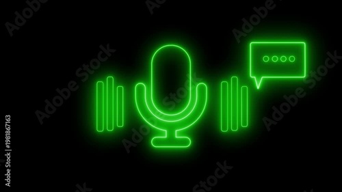 Neon microphone icon with soundwaves and chat bubble animation