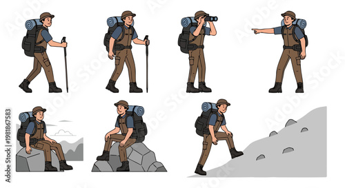Set of 7 Hiking and Trekking Poses Vector Illustration