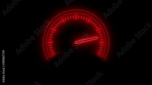 Neon glowing speedometer gauge on dark background animation