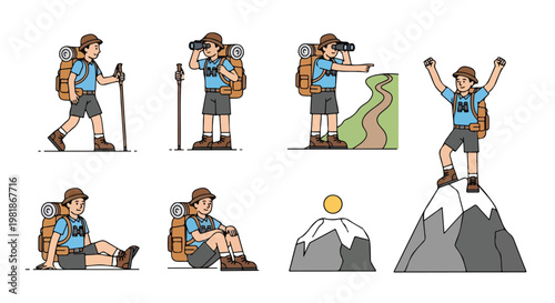 Set of 8 Hiking and Mountaineering Activity Vector Illustrations