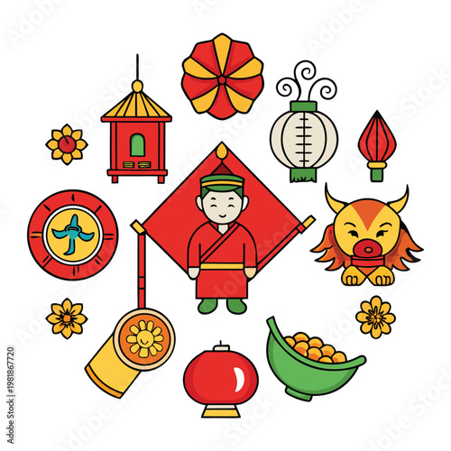 Traditional Chinese elements featuring red lanterns golden dragons bamboo pagodas porcelain patterns, and calligraphy symbols representing harmony culture, and ancient heritage.
