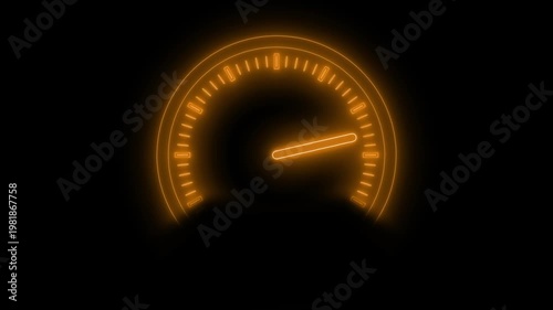 Neon glowing speedometer gauge on dark background animation