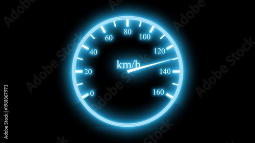 Glowing speedometer dial showing km/h on dark background animation
