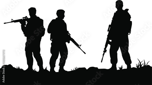 Soldier silhouettes illustration, military armed forces poses set for defense and combat design