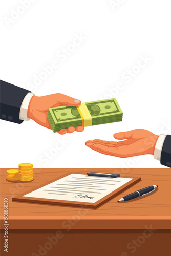 Business transaction concept with hands exchanging cash over contract document on desk, bribery corruption payment agreement deal finance illustration vector artwork concept scene.