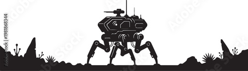 Robot, mechanical creature, sci-fi silhouette, futuristic design, black vector icon