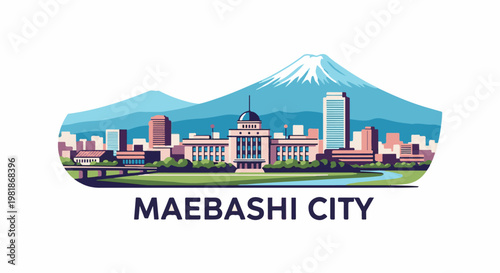 Stylized cityscape with mountain and river under a clear sky