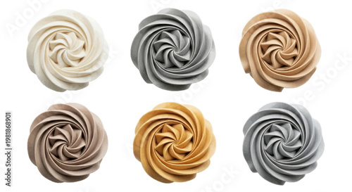 Vector illustration of set of six decorative frosting swirls on a transparent background