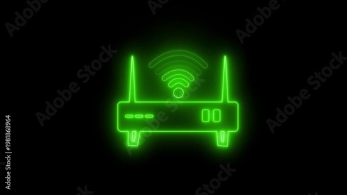 Glowing neon animation of a wireless router with signal waves