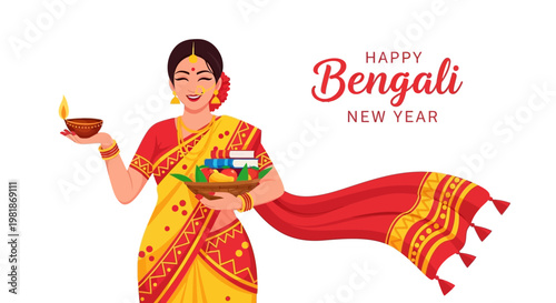 A smiling Bengali woman in traditional dress holding a platter and diya for Pohela Boishakh celebrations is captured in a vibrant vector illustration against a clean white background