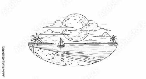 Stylized coastal scene with full moon, clouds, sailboat, and palm trees