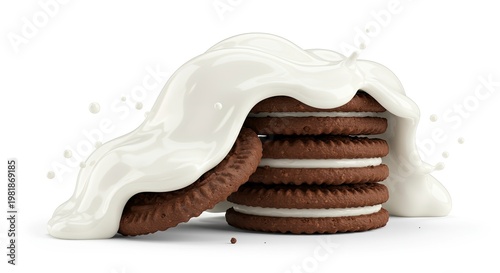 Stack of chocolate sandwich cookies with cream on white background