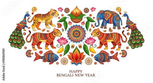 Illustrations depicting Bangla New Year, showcasing tigers, elephants, peacocks, and fish with vibrant colors and intricate folk patterns, set against a clean white background