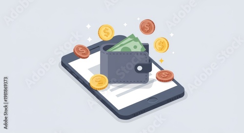 Digital wallet illustration with coins and cash representing online transactions