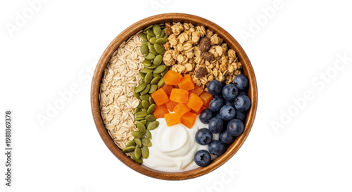 Vector illustration of healthy breakfast bowl with yogurt, granola, oats, and fruit on a transparent background