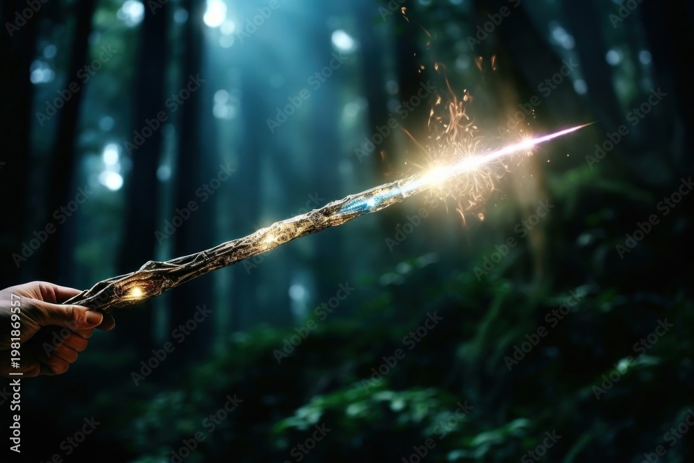 Fototapeta premium Magical wand beam illuminated fireworks darkness.