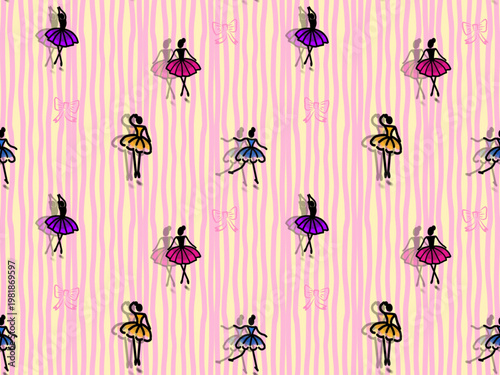 Seamless pattern of cheerful ballerinas on pink and wavy striped background. Feminine and artistic design for clothing, fabrics, and products.