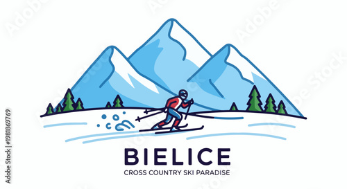 Stylized cross country skier races down snow-covered slope below mountains