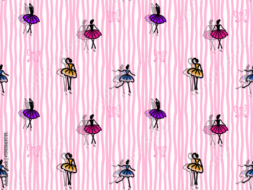Seamless pattern of cheerful ballerinas on pink and wavy striped background. Feminine and artistic design for clothing, fabrics, and products.
