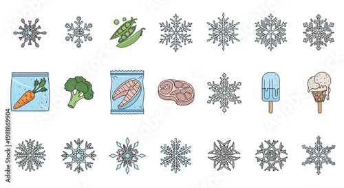 Colorful vector illustration set featuring various snowflakes alongside common frozen food items like vegetables, meat, and desserts, perfect for winter and food-related graphics
