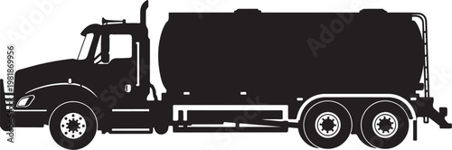 Black oil tanker truck, fuel transportation vehicle, industrial silhouette, transport illustration