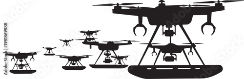 Drone silhouettes, different sizes, black vector icons, technology symbols, robotic aircraft