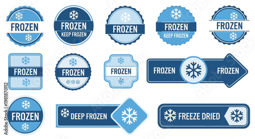 Collection of blue circular and rectangular labels indicating frozen food products with snowflake icons