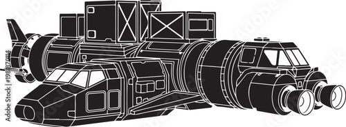 Futuristic spacecraft, sci-fi vehicle, spaceship illustration, black and white