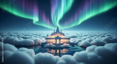 Fantasy cityscape illuminated by colorful aurora borealis in the night sky