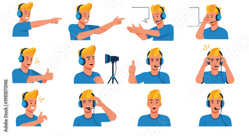 Set of 12 Male Gamer Streamer Character Avatars Vector