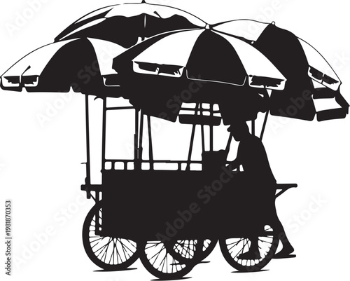 Food cart, street food vendor, tricycle, umbrella, black silhouette