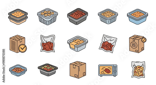 Delivery and Storage Icons Food Packaging, Shipping Boxes, and Meal Prep Containers