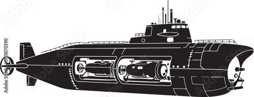 Black submarine vector, underwater vessel, naval architecture, military boat, sleek design