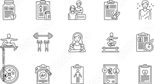 Health and Fitness Wellness Icons Set for Medical, Exercise, and Nutrition Tracking, Featuring Medication, Workout, and Health Monitoring