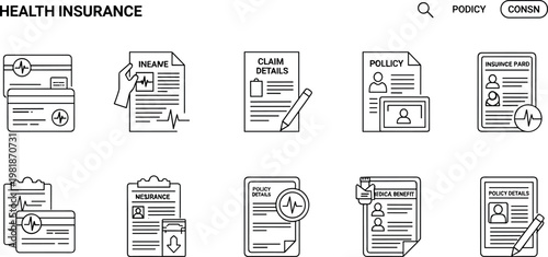 Health Insurance Documents and Claims Icon Set for Insurance Companies, Policy Management, and Claims Processing