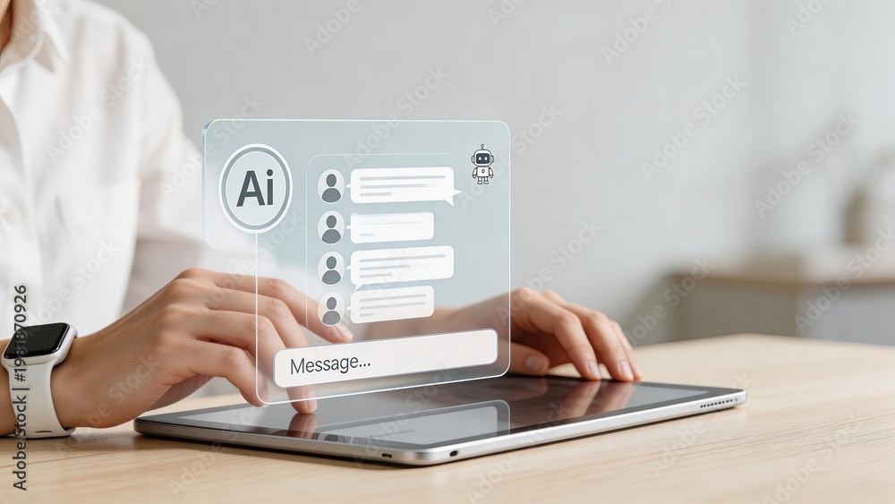 Fototapeta premium Woman using tablet with futuristic AI chat interface artificial intelligence concept virtual assistant smart technology digital communication innovation modern business automation