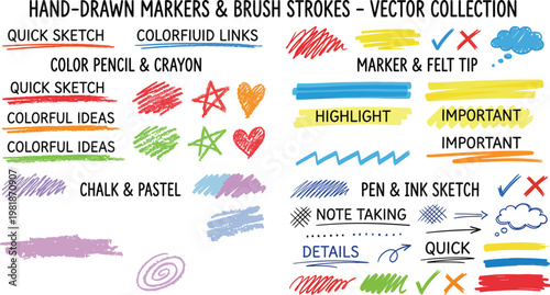 Colorful hand drawn marker brush strokes and highlight pen textures.