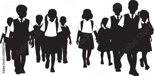 School Kids Walking Silhouette, Education Black Vector Isolated on White Background.