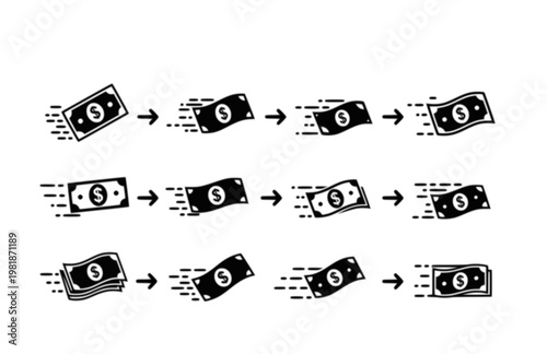 Money Transfer and Flying Dollar Bills Vector Icon. Black Vector Silhouette of Bank Notes Moving from Sender to Receiver.