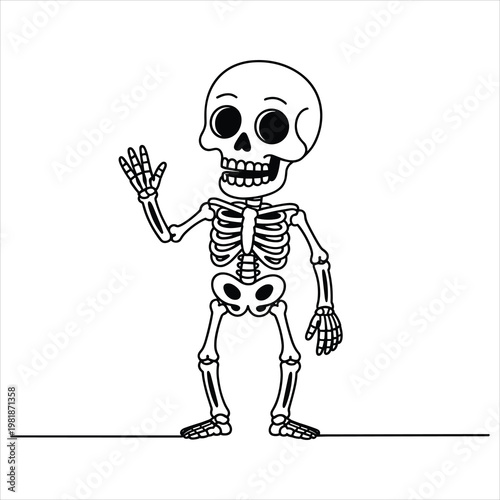 Cartoon skeleton character waving hand, black and white line