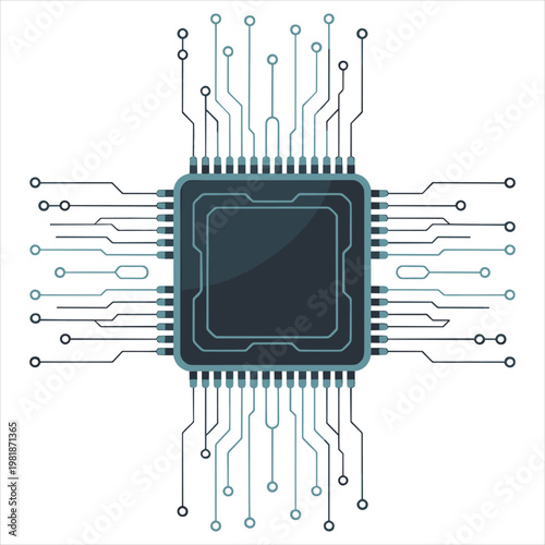 Central computer processor chip with extending circuit board lines