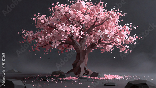 Low Poly Cherry Blossom Tree in Minimalist Zen Garden