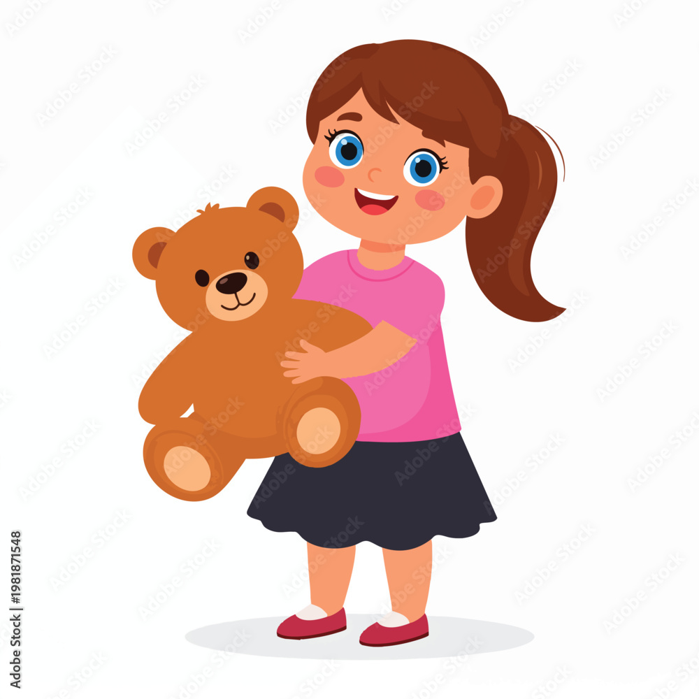 Fototapeta premium A young girl happily holds a large brown teddy bear in her arms.