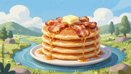 Delicious Pancakes with Bacon and Syrup in Whimsical Fantasy Landscape