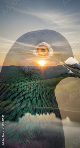 A pigeon's eye view, a stunning composite of nature, the bird's eye reflecting a sunset landscape. Wall Art, Poster, Animal Print, Landscape Printable