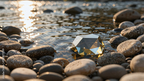 Faceted Geometric Golden Gemstone on Riverside Pebbles at Sunset