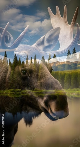 A majestic moose against a backdrop of nature's beauty, seamlessly blended and double exposure. Wall Art, Poster, Animal Print, Landscape Printable