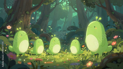 Whimsical Glowing Forest Creatures in a Magical Fantasy Landscape