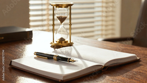 Luxury Executive Office Desk with Fountain Pen and Hourglass